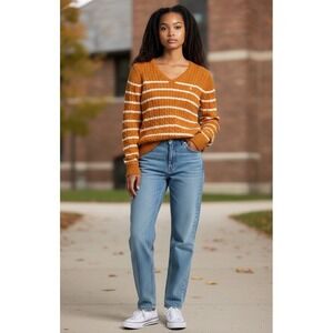 Lauren Ralph Lauren Cable Knit Long Sleeve V Neck Sweater Orange Stripe Medium #